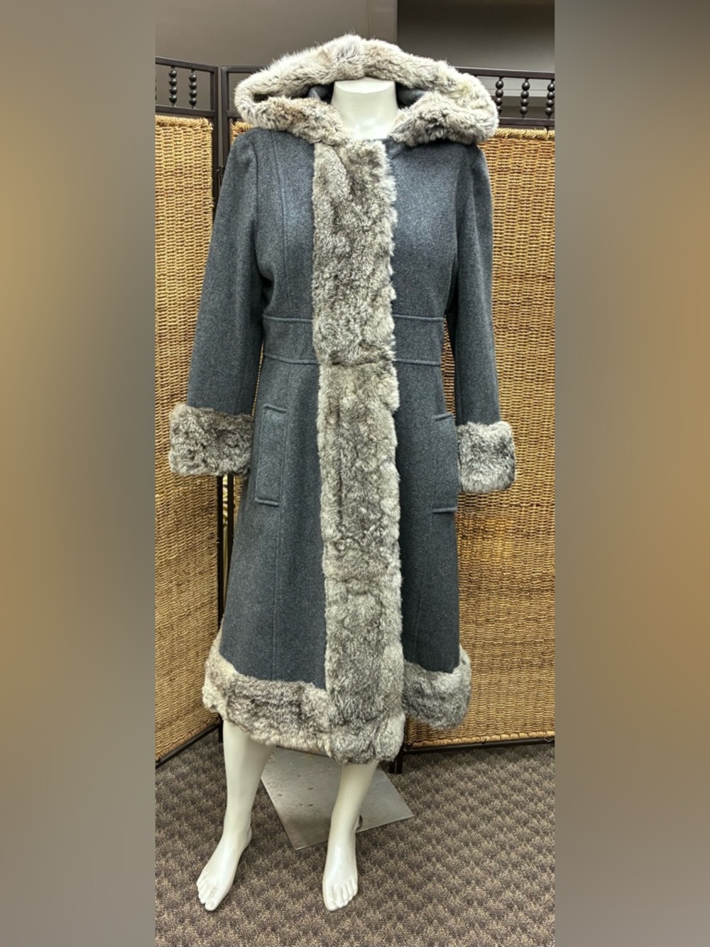 Vintage Penny Lane Coat Fur Trim Hooded Gray Wool Coat by Pina de Roma